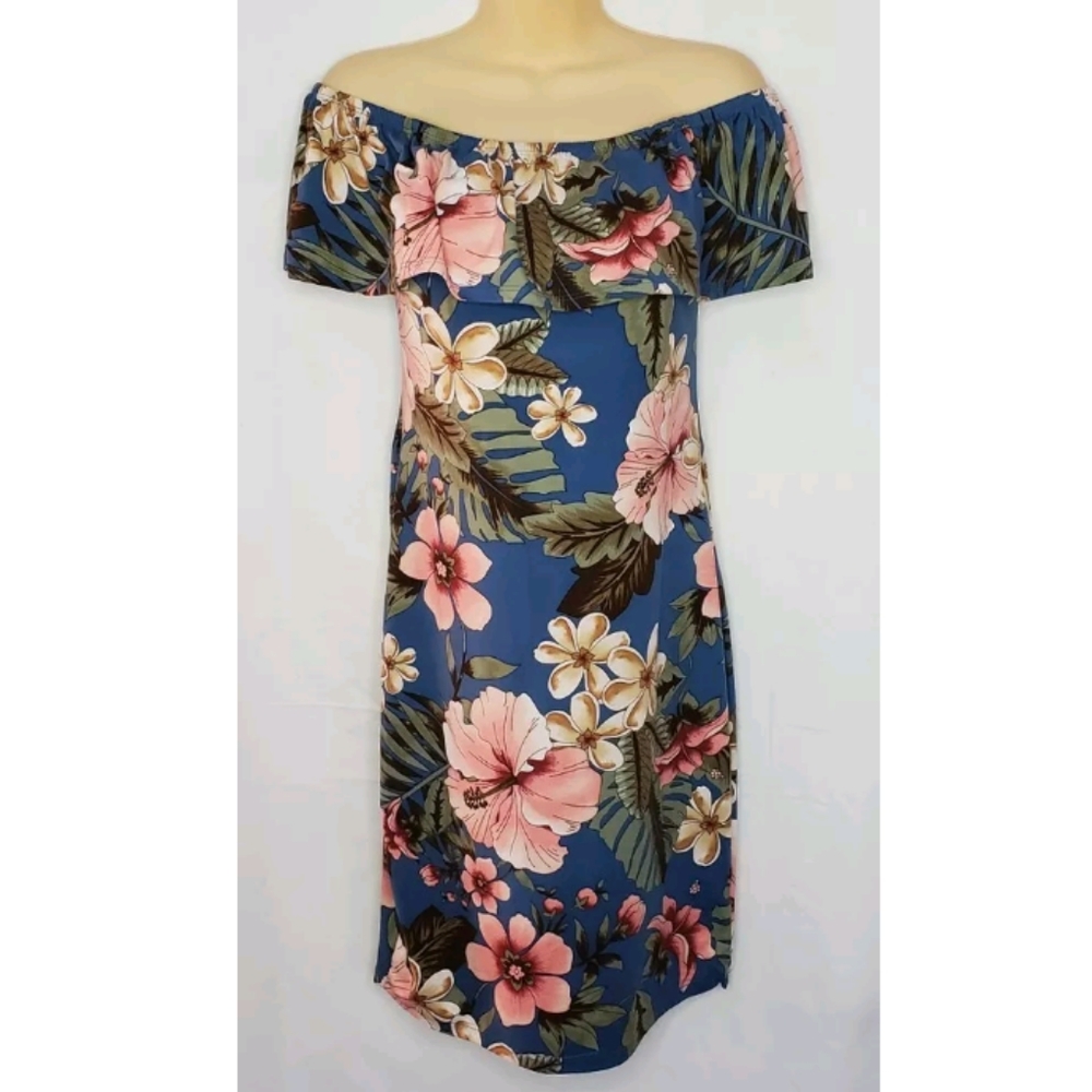 Womens Love J Blue Floral Off Shoulder Stretch Slip On Bodycon Dress Size M
